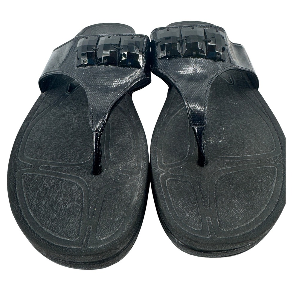 Anne Klein Sport Thong Sandals Women Size 8 Black Crystal Embellished Wedge Flip